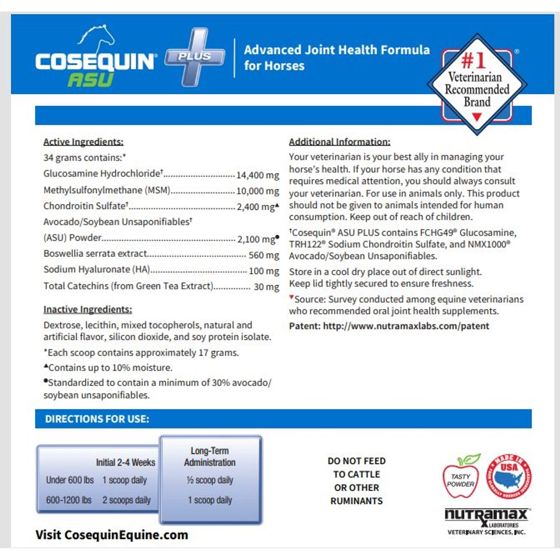 Nutramax Cosequin ASU Plus Hyaluronic Acid & Green Tea Extract Joint Health Powder Horse Supplement 4 Nutramax Cosequin ASU Plus Hyaluronic Acid & Green Tea Extract Joint Health Powder Horse Supplement - Image 4